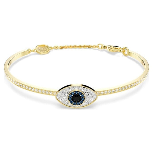Blue crystal evil eye bangle bracelet in gold tone