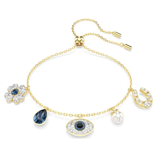 Lucky symbol evil eye charm bracelet in gold tone
