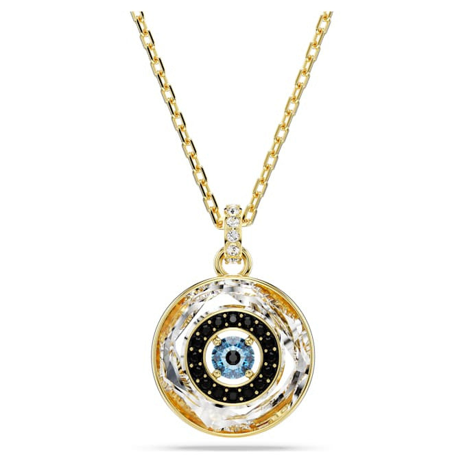 Round blue crystal evil eye pendant necklace in gold tone