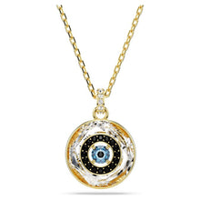 Round blue crystal evil eye pendant necklace in gold tone