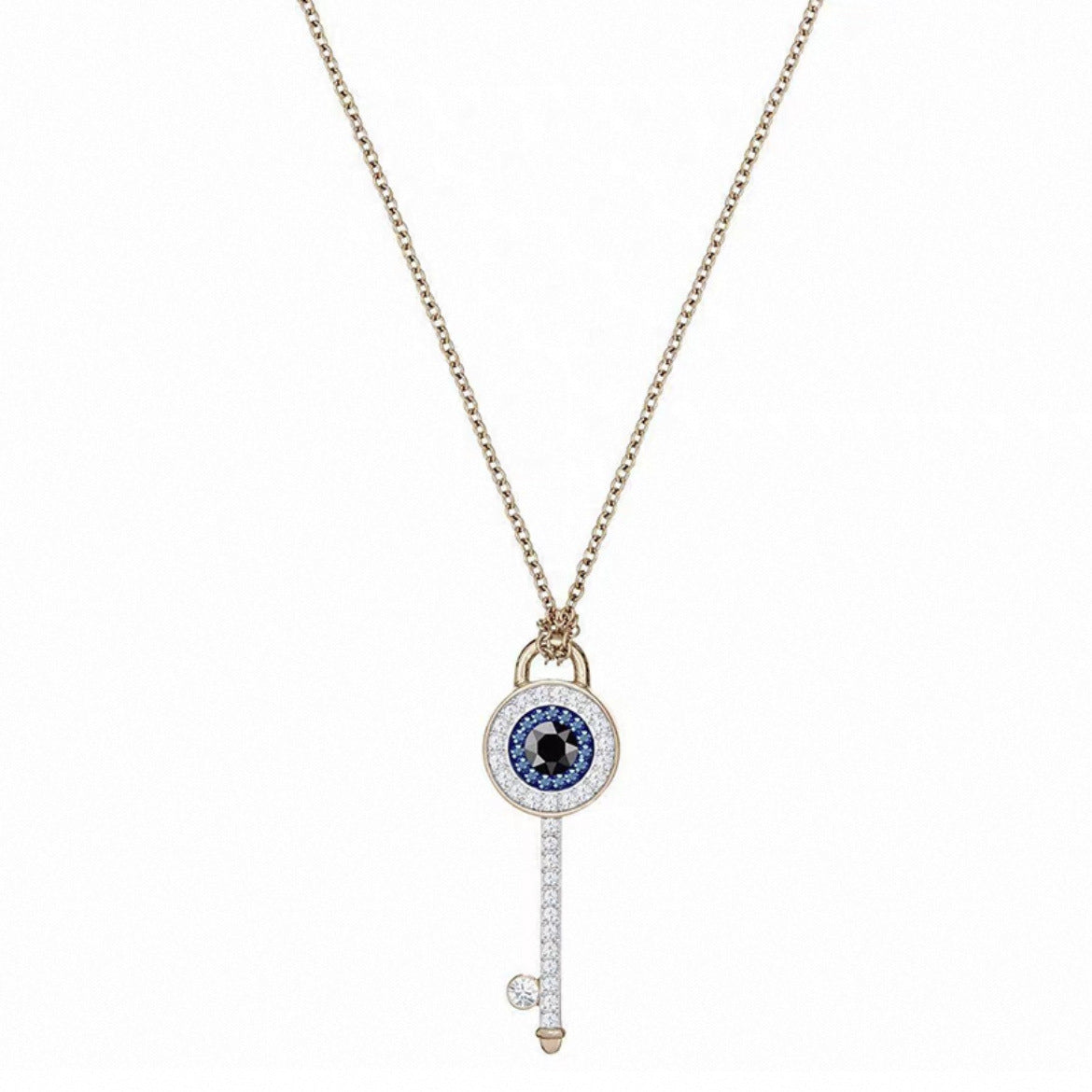 Crystal evil eye key pendant necklace in rose gold tone