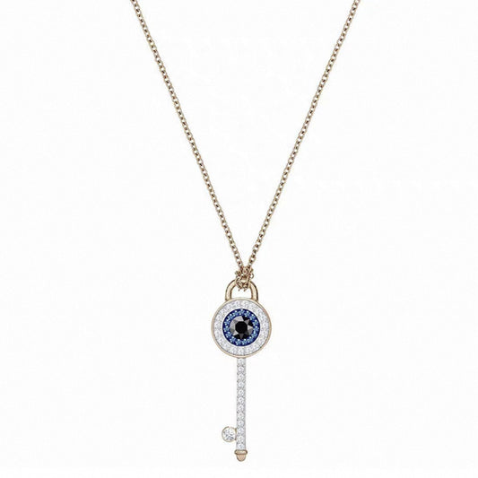 Crystal evil eye key pendant necklace in rose gold tone