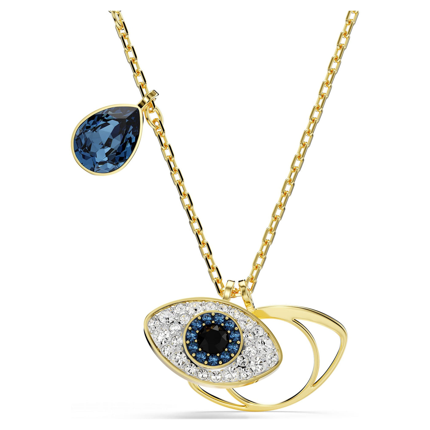 Blue crystal evil eye and orbit pendant necklace in gold tone