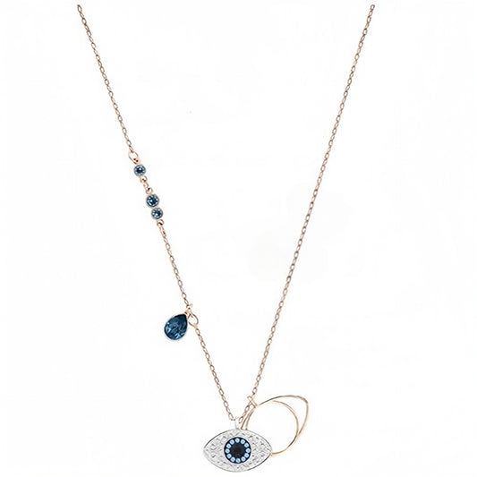 Floating blue crystal evil eye necklace in rose gold tone