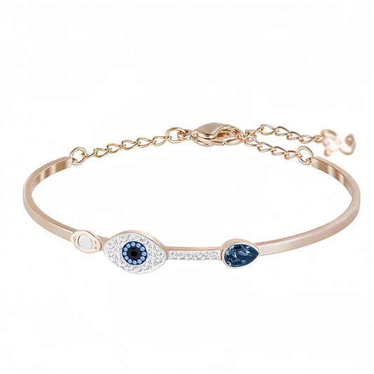 Blue crystal evil eye charm bracelet in rose gold tone