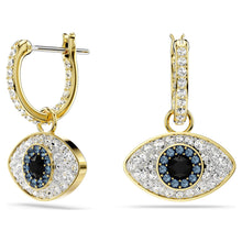 Blue crystal evil eye hoop drop earrings in gold tone