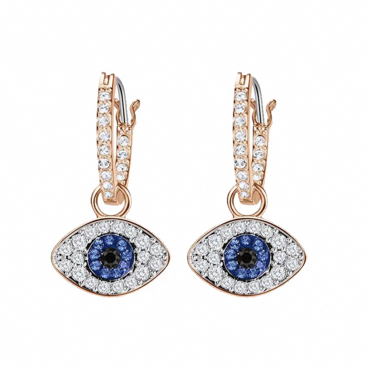 Blue crystal evil eye hoop drop earrings in rose gold tone