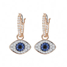 Blue crystal evil eye hoop drop earrings in rose gold tone