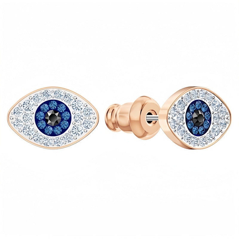 Round blue crystal evil eye stud earrings in rose gold tone
