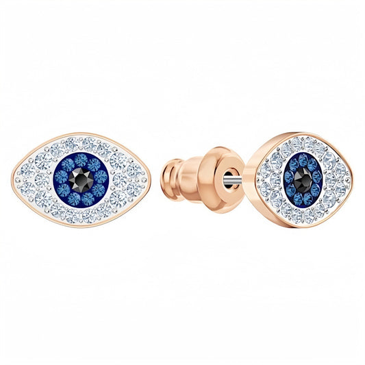 Round blue crystal evil eye stud earrings in rose gold tone