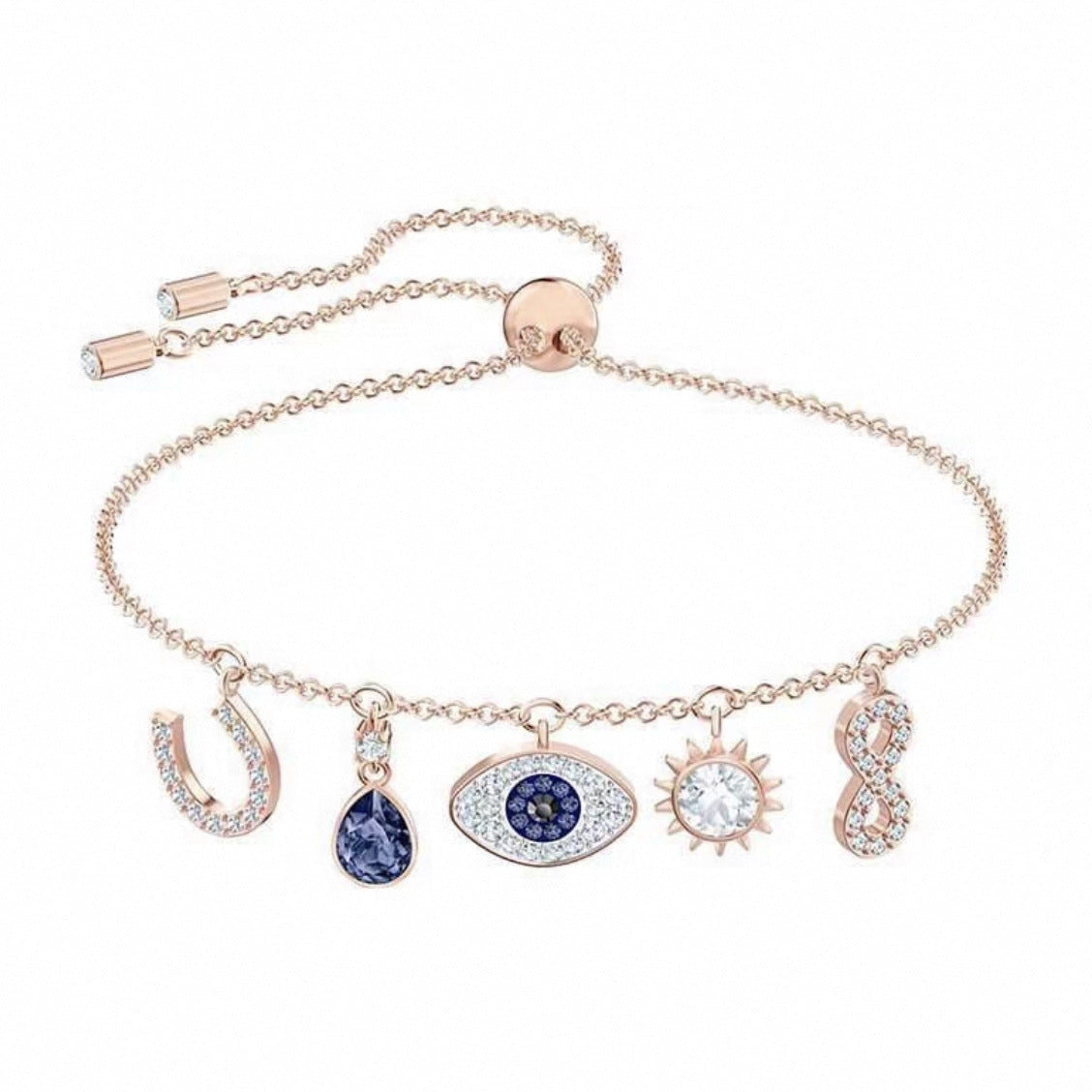 Lucky symbol evil eye charm bracelet in rose gold tone
