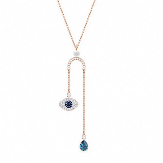 Blue crystal evil eye lariat necklace in rose gold tone