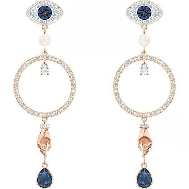 Crystal halo evil eye drop earrings in rose gold tone