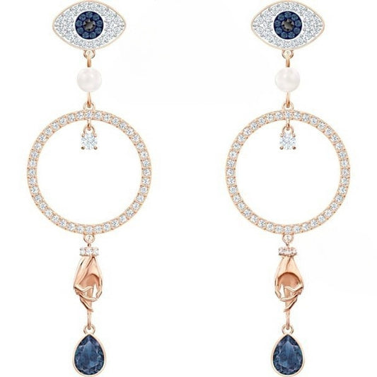 Crystal halo evil eye drop earrings in rose gold tone