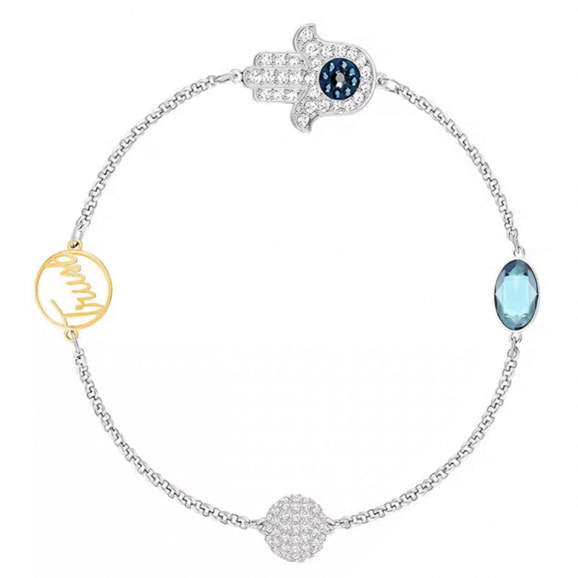 Hamsa evil eye and crystal charm bracelet in mixed metal tone