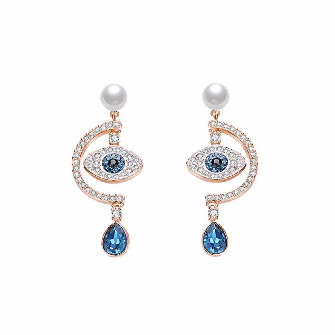 Pearl and blue crystal evil eye crescent earrings in rose gold tone