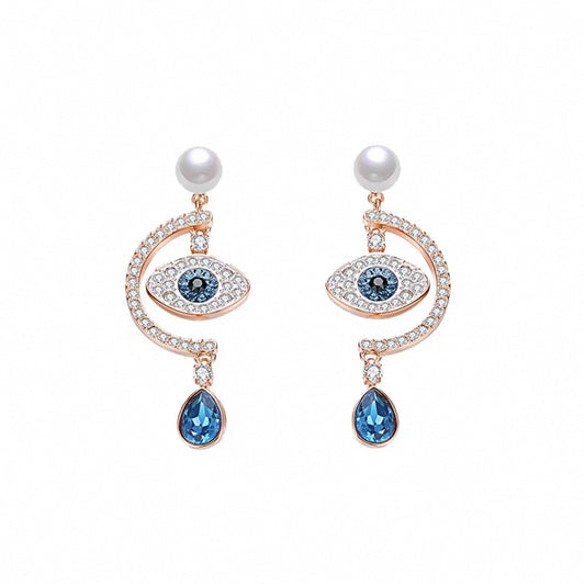 Pearl and blue crystal evil eye crescent earrings in rose gold tone