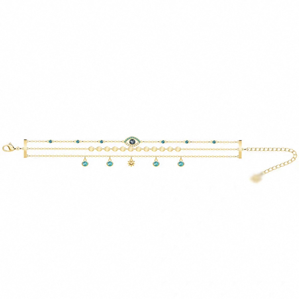 Layered turquoise crystal evil eye charm bracelet in gold tone