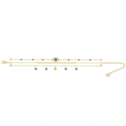 Layered turquoise crystal evil eye charm bracelet in gold tone