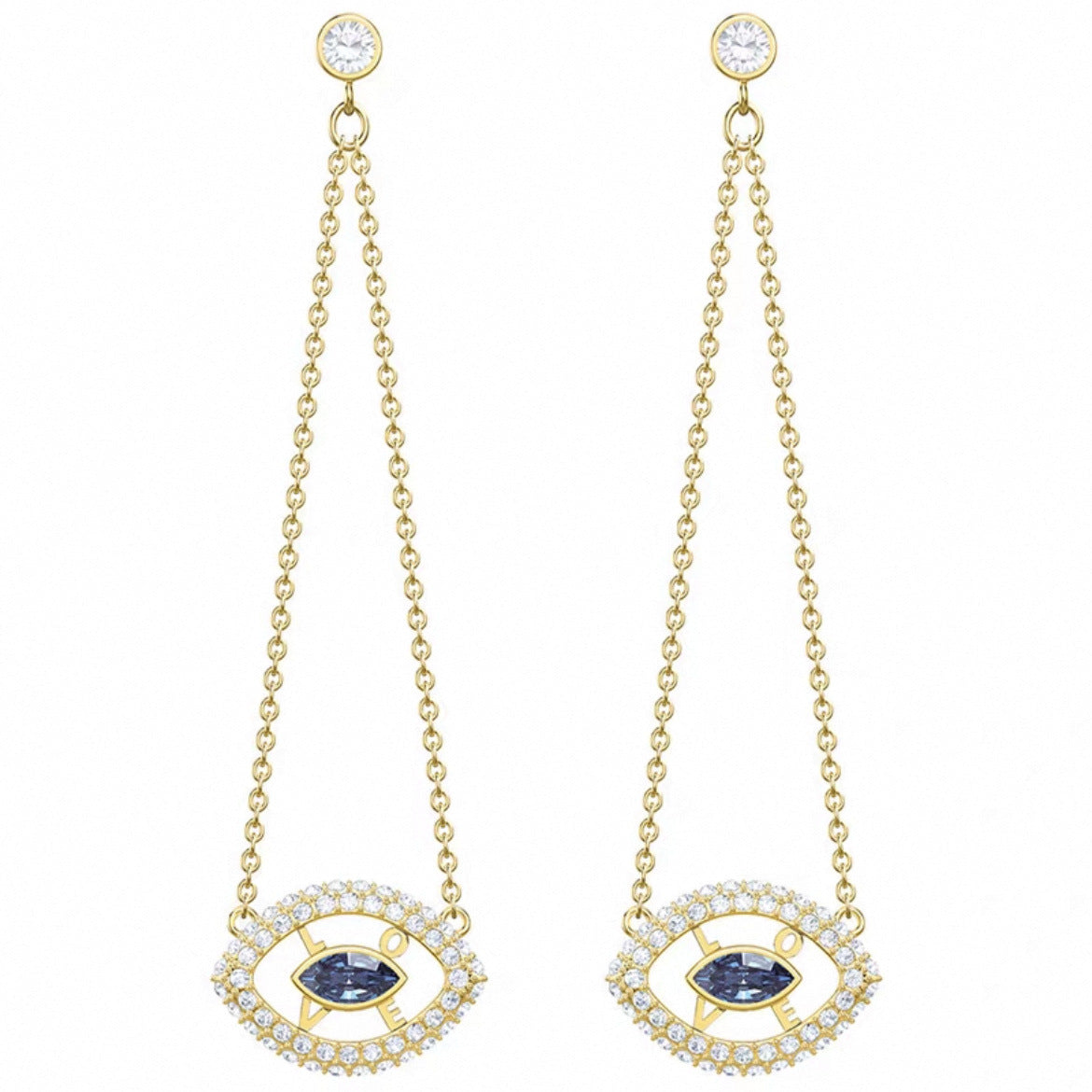 LOVE evil eye long chain drop earrings in gold tone