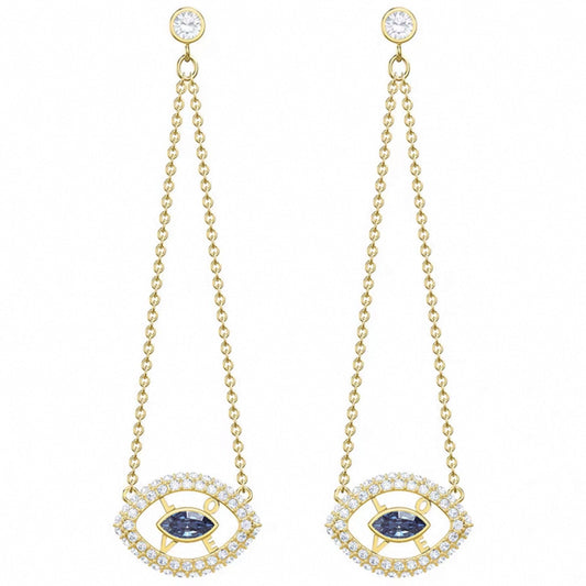 LOVE evil eye long chain drop earrings in gold tone