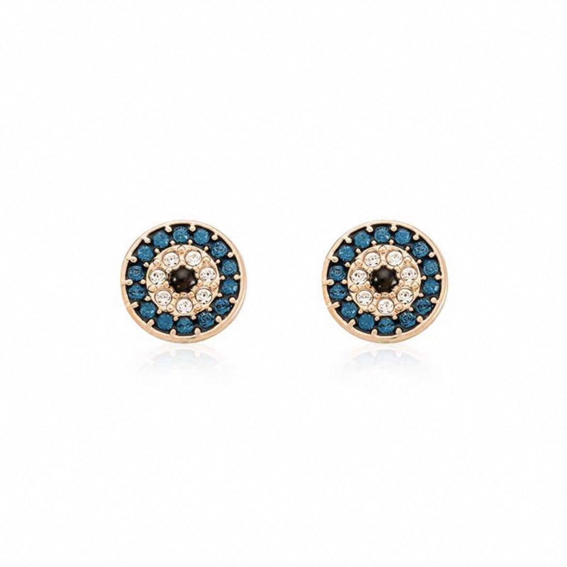 Round blue crystal halo stud earrings in rose gold tone