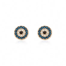 Round blue crystal halo stud earrings in rose gold tone