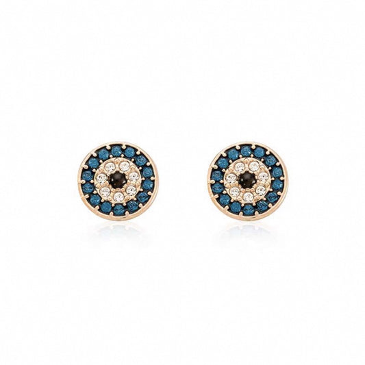 Round blue crystal halo stud earrings in rose gold tone