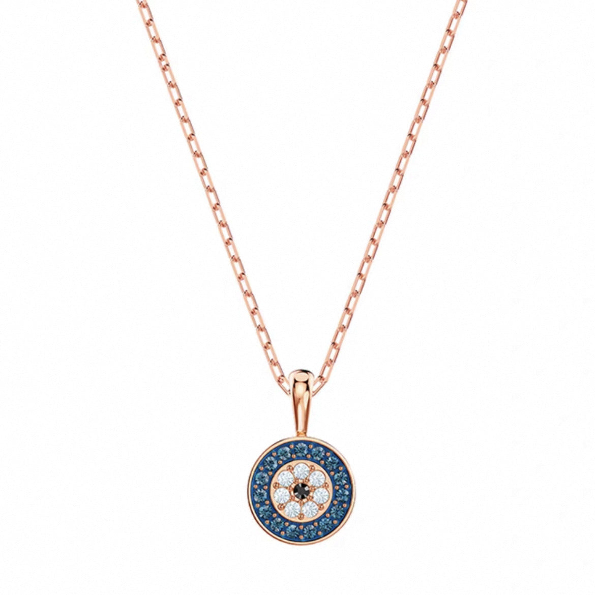 Round blue crystal halo pendant necklace in rose gold tone