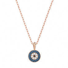 Round blue crystal halo pendant necklace in rose gold tone