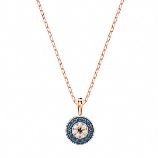 Round blue crystal halo pendant necklace in rose gold tone