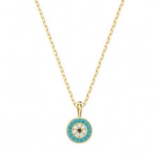 Round turquoise crystal halo pendant necklace in gold tone