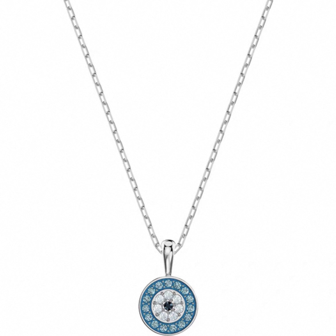 Round blue crystal halo pendant necklace in silver tone