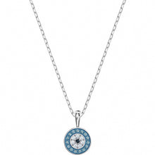 Round blue crystal halo pendant necklace in silver tone