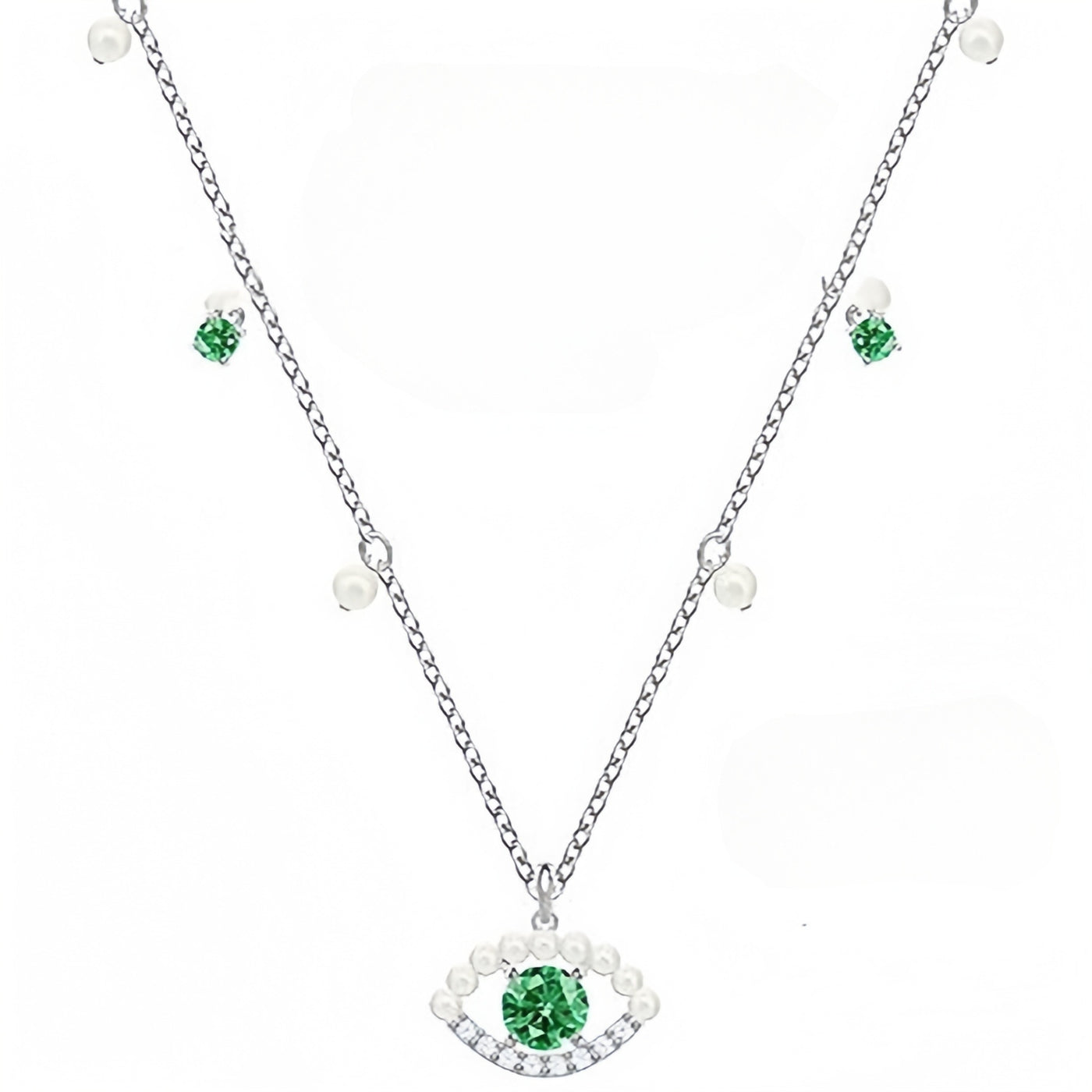 Green crystal and pearl evil eye necklace in silver tone
