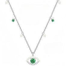 Green crystal and pearl evil eye necklace in silver tone
