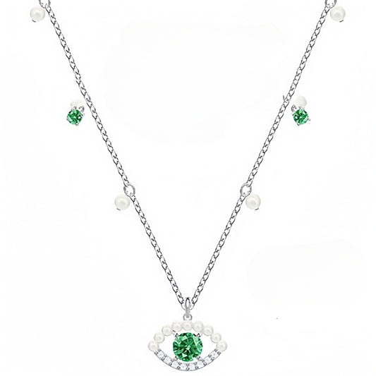 Green crystal and pearl evil eye necklace in silver tone