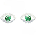 Green Crystal & Pearl Evil Eye Stud Earrings – Silver Tone