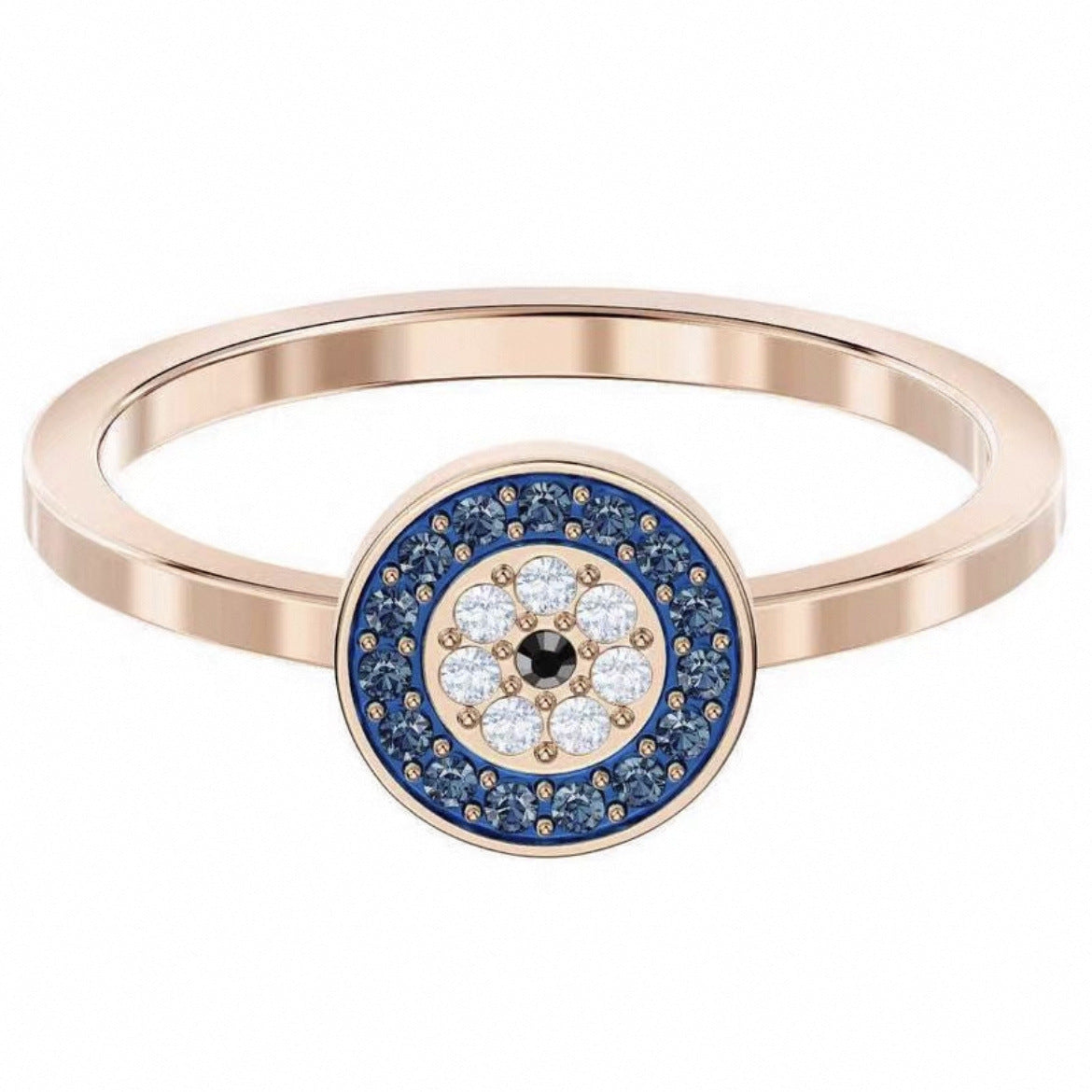 Round blue crystal halo ring in rose gold tone