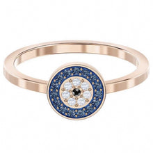 Round blue crystal halo ring in rose gold tone