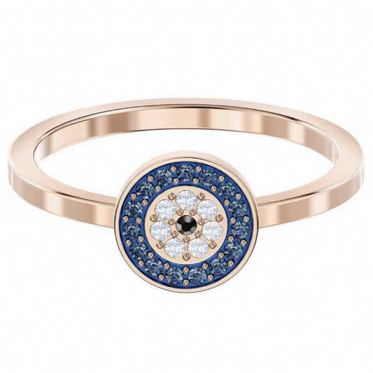Round blue crystal halo ring in rose gold tone