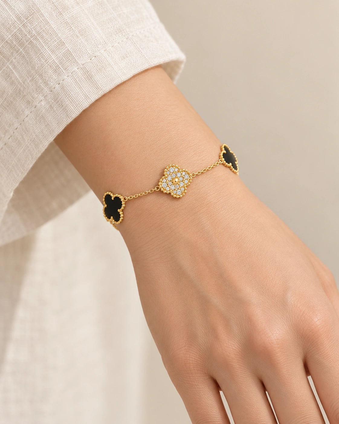 Luckcoo Diamond-Inspired Clover Bracelet – Elegant Everyday Luxury worn on a woman's wrist