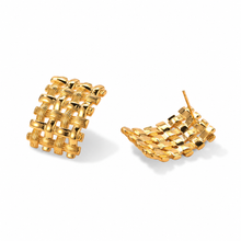 Gold-tone woven texture statement earrings, front and reverse views