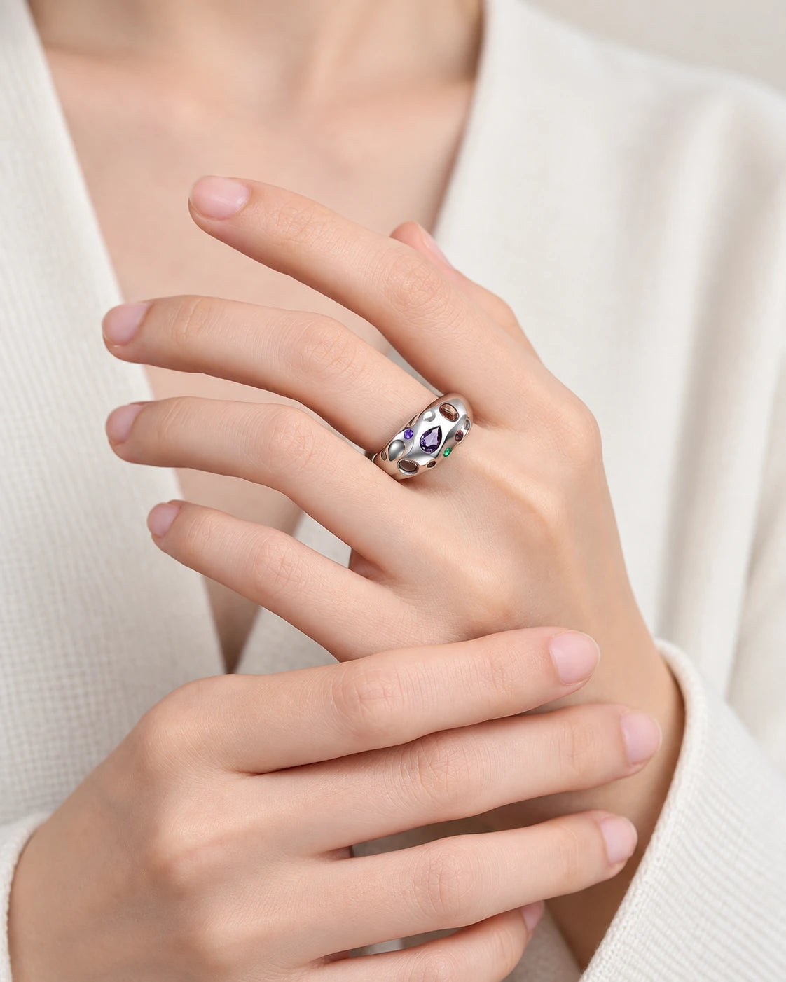 Multicolor Stone Open Ring worn on an adult model