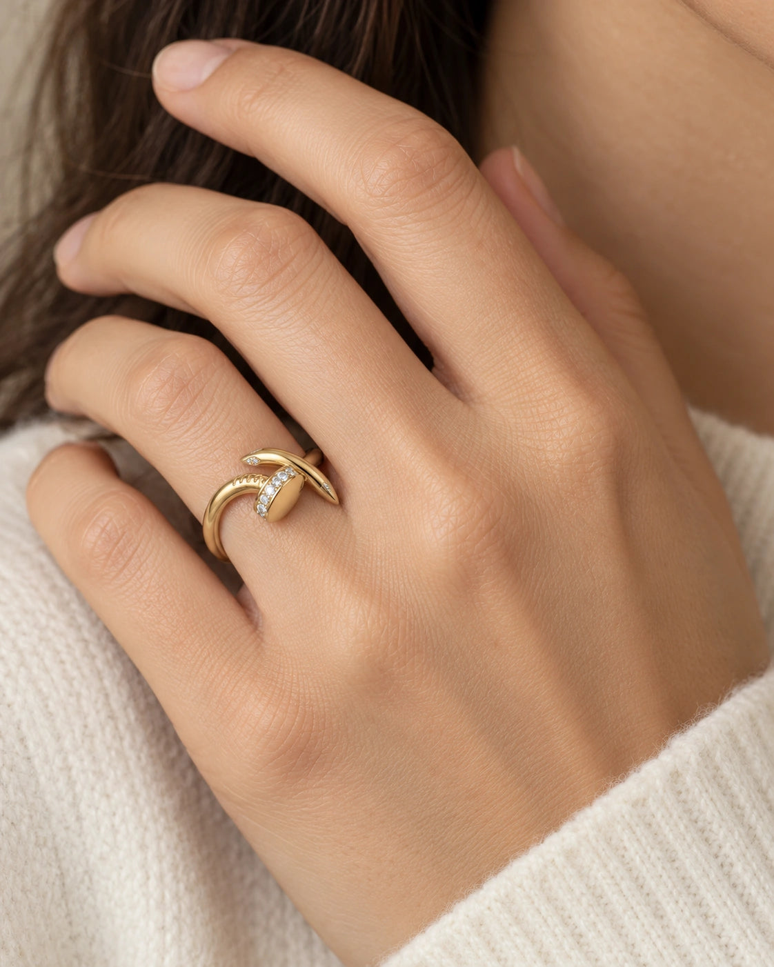Pavé Nail-Motif Ring – Gold Tone – model wearing view