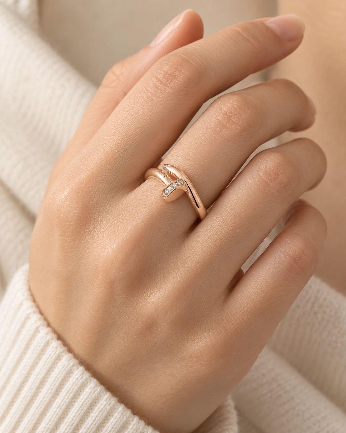 Pavé Nail-Motif Ring – Rose Gold Tone – model wearing view