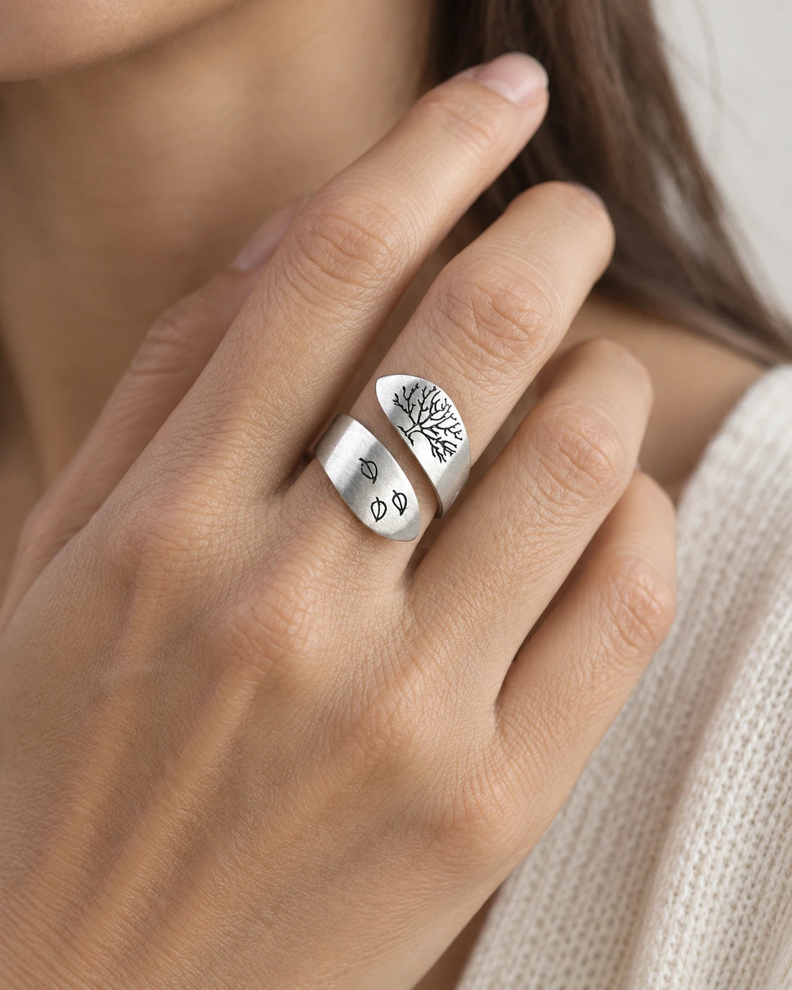 Tree of Life Open Ring worn on an adult model