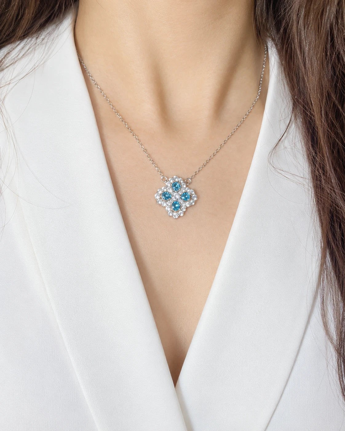 Clover Clavicle Chain Necklace – 18K Gold Plated, Sparkling Zircon Stones worn on an adult model