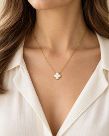 Classic Clover Pendant Necklace – Gold-Tone Electroplated Stainless Steel Everyday Jewelry – model wearing view