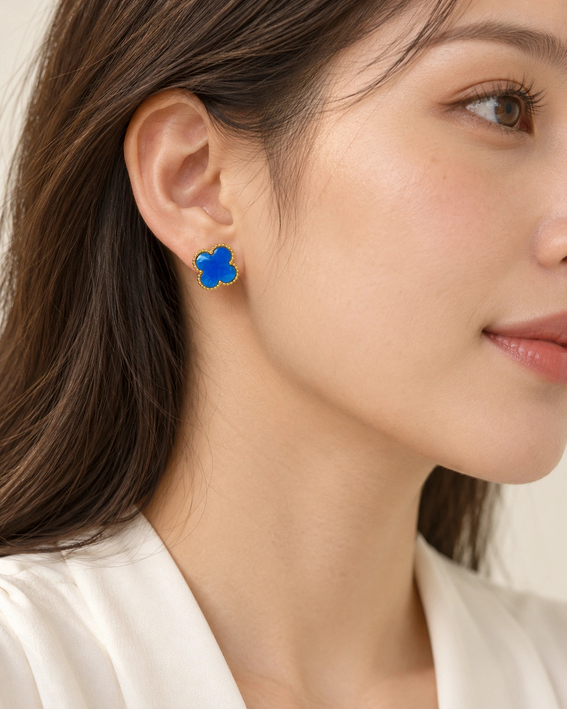 Four-Leaf Clover Stud Earrings – 23 Colors, Gold-Tone Electroplated Stainless Steel with S925 Silver Posts – model wearing view
